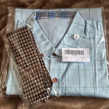 스카이블루 체크 무늬 드레스 셔츠 L 넥타이 포함