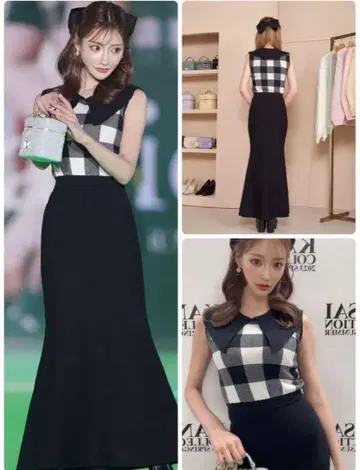 Darich 빅 칼라 깅엄 체크 니트 롱 원피스 다리치