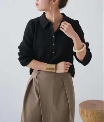 Omekashi 라이트 리브 니트 폴로 블랙 블랙