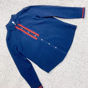 mk K-패션 긴팔 버튼 셔츠 블라우스 소매 밑단 플리츠 네이비 레드