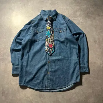 빈티지 데님 총 패턴 넥타이 빅 루즈 디자인 레트로 셔츠 세트