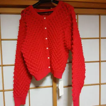 레드 편직 무늬 긴팔 가디건