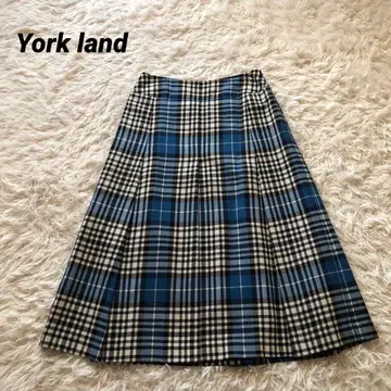 새상품급 요크랜드 [11호] 박스 플리츠 롱 스커트 체크 울 파랑