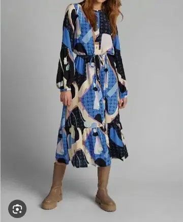 Numph 기하학 패턴 롱 셔츠 원피스 셔츠 원피스