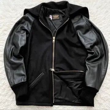 USA SKOOKUM 소매 가죽 후디 바시티 자켓 블랙 36인치