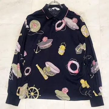 컨디션 최상 레오나르 긴팔 피케 셔츠 골프웨어 마린 프린트 세탁 가능 M