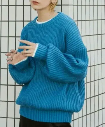 파랑 리브 벌룬 소매 니트