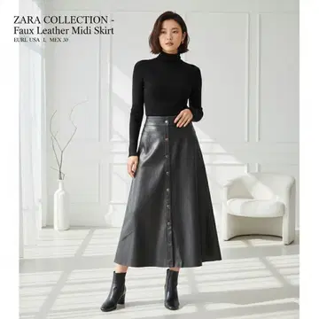 고품질 ZARA 자라 인조 가죽 롱 스커트 L 블랙 버튼 A라인