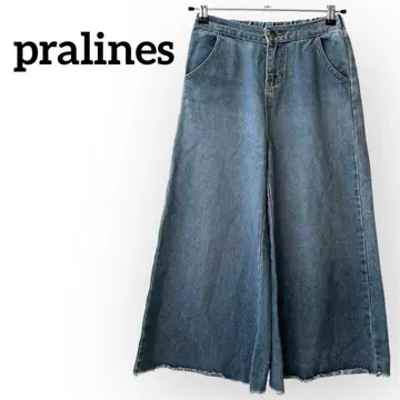 프랄린 데님 팬츠 와이드 팬츠 [ S ] 가우초 컷오프 허리밴딩
