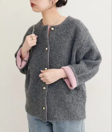 W 페이스 배색 니트 자켓 [ 그레이 핑크 소매 버튼 니트 ]
