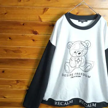 긴팔 티셔츠 롱티 캐주얼 화이트 블랙 곰 테디베어 XL