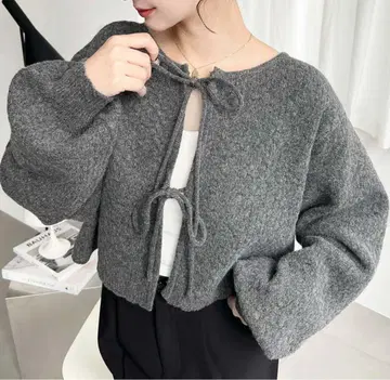 moment+ 팝콘 짜임 스캘럽 리본 믹스 니트 가디건 L