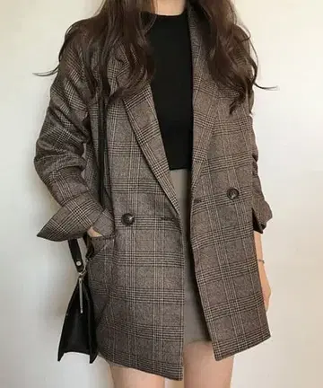 브라운 계열 체크 테일러드 자켓