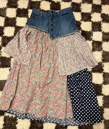 프리다 스커트 데님 패치워크 프리다 꽃무늬 프리 M