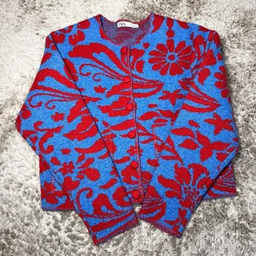 ZARA 자카드 니트 가디건 플라워 패턴 파랑 x 빨간색 울