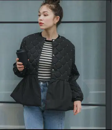 coca 펄 퀼팅 티어드 블루종 자켓 페플럼