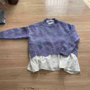 Mynu 라벤더 니트 스웨터 펄 장식