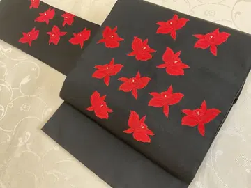 오비 나고야 오비 블랙 베이스에 빨간색 카틀레야 무늬 새상품급