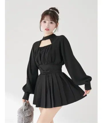 다리치 도킹 코르셋 플리츠 미니 원피스 FL 블랙