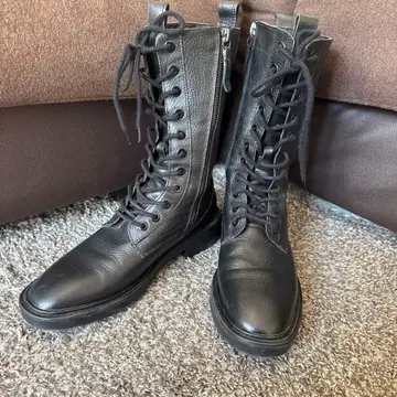 ZARA 레이스업 부츠 사이드 지퍼 레이스업 가죽 주름 천연 가죽