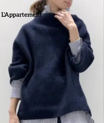 [라빠르망] 캐시미어 블렌드 울 보트넥 리브 니트 네이비 큼직하게