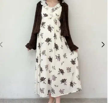 빈티지 로즈 패턴 원피스 페더 패턴 니트 가디건 세트