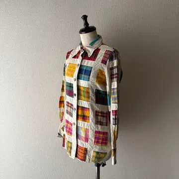 코튼 린넨 스퀘어 체크 무늬 긴팔 셔츠 베이지 size9