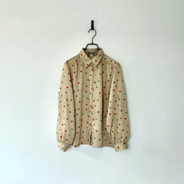 빈티지 도트 무늬 셔츠 블라우스 도트 베이지 레트로 걸리시 오샤레