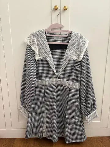 bubbles 체크 무늬 레이스 옷깃 미니 원피스