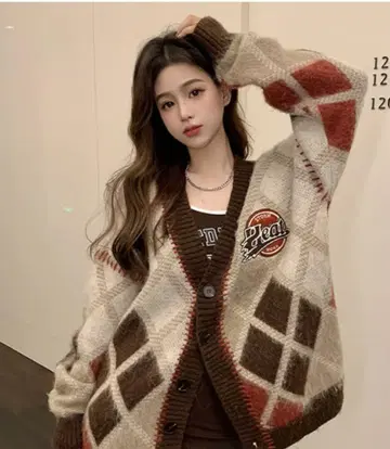 아가일 무늬 울 혼방 가디건