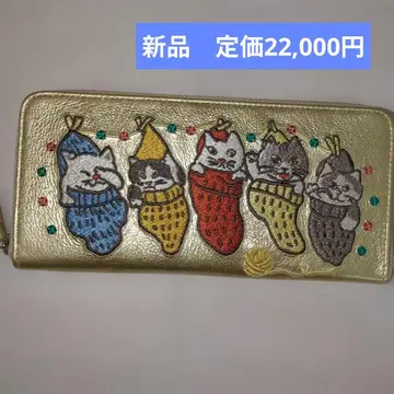 새상품 맨해트너즈 팅클 퍼스 자수 골드 지갑 고양이 패턴