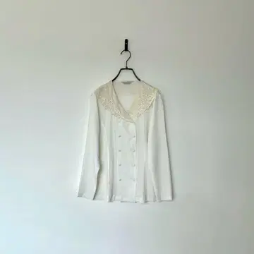 빈티지 옷깃 레이스 블라우스 화이트 포멀 세레모니 레트로 페미닌