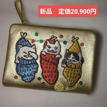 새상품 맨해트너즈 팅클퍼스 자수 골드 접이식 지갑 고양이 패턴