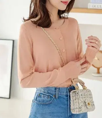 핑크 버튼 가디건 반팔 M