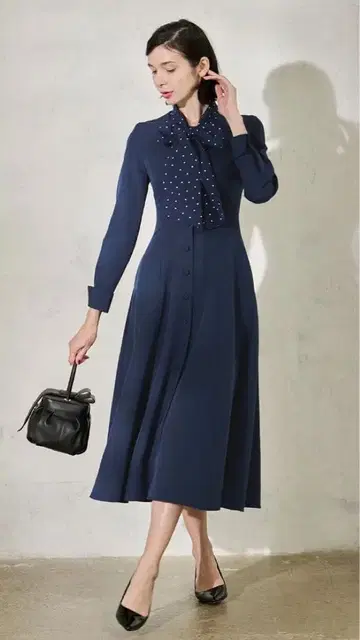 JENNE 도트 보타이 더블 크로스 원피스 네이비 M