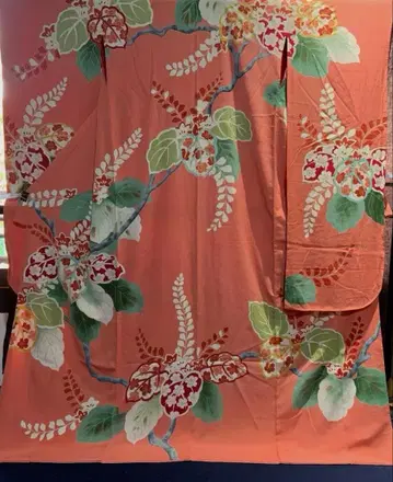 앤티크 핑크 오동나무 문양 후리소데 리메이크 재료 순수 실크 빈티지