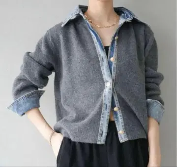 데님 옷깃 버튼 니트 가디건 니트 가디건 Lumier 뤼미에