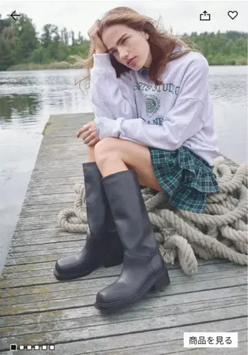 H&M 블랙 가죽 롱 부츠 힐 5cm