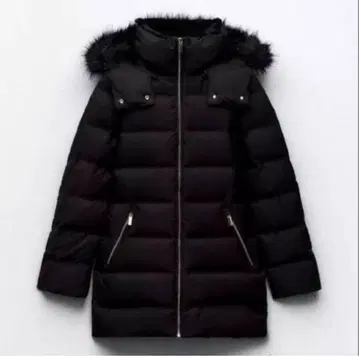 ZARA 퍼 후드 블랙 세미롱 다운 자켓