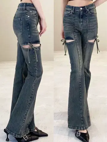 RESEXXY 컷 아웃 리본 데님 팬츠 블루 S 사이즈