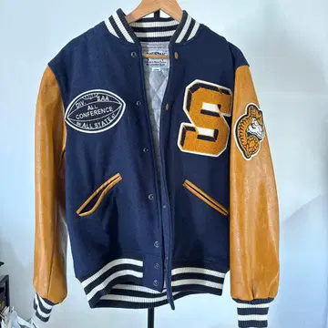 HOUSTON 새상품급 바시티 자켓 네이비와 오렌지 울가죽