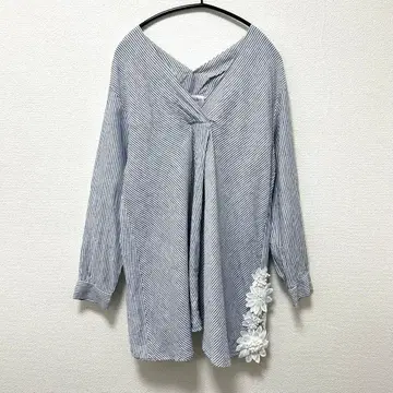 BEARDSLEY 사이드 레이스 린넨 블라우스 블루 비어즐리 스트라이프