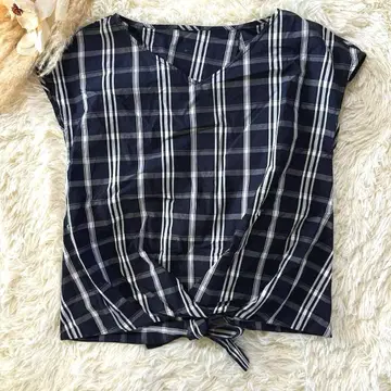 [케티] 체크 무늬 슬리브리스 셔츠 M 사이즈 체크 무늬 허리 리본
