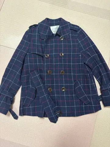 로페피크닉 네이비 체크 무늬 더블 브레스트 코트 38