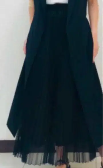 블랙 쉬폰 튤 플리츠 롱 스커트 S