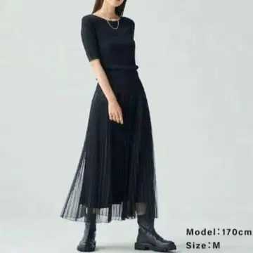 블랙 쉬폰 튤 플리츠 롱 스커트 S