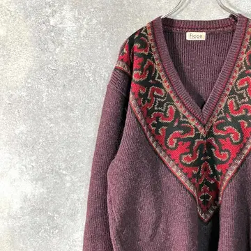 니트 스웨터 긴팔 퍼플 V넥 라메 로우게이지 모 레이온