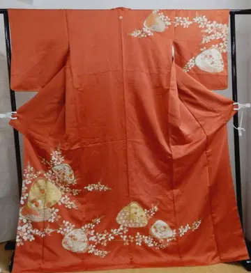 순수 실크 호몬기 기모노 원포인트 금채 일본 이름 홍가색