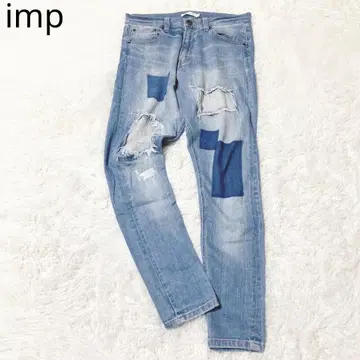 임프 데님 팬츠 스키니 패치워크 데미지 스트레치 블루 S