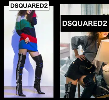 DSQUARED2 슬림 레그 가죽 니하이 부츠 로고 38 롱 싸이하이